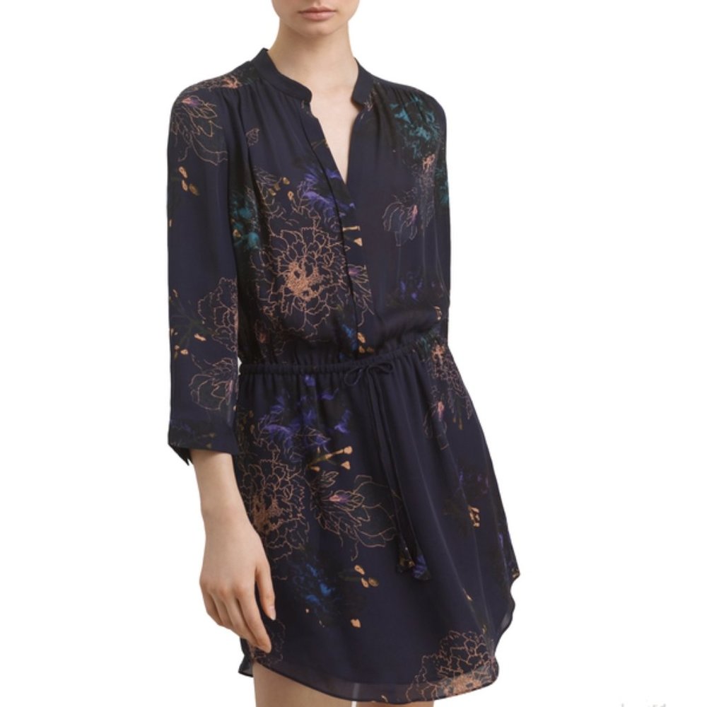 Babaton Aritzia Bennett 100% silk black floral mini shirtdress